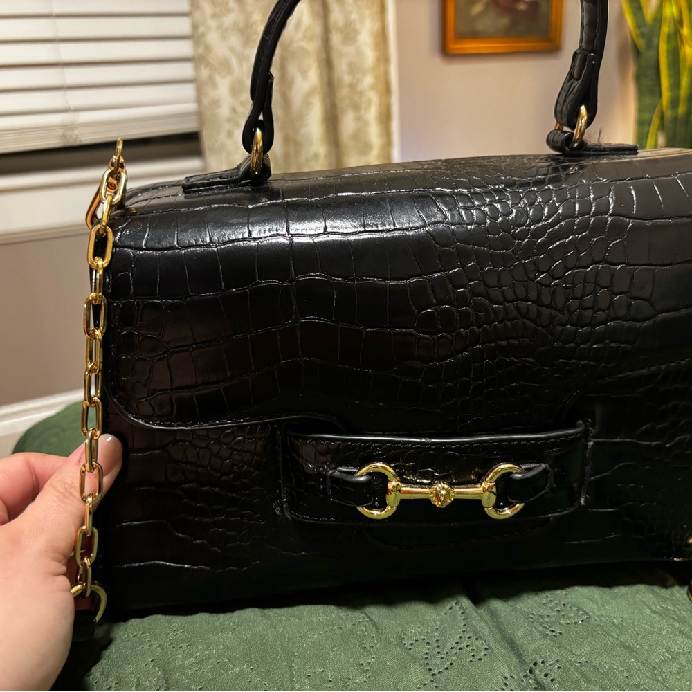 Anne Klein Black Crocodile-Embossed Satchel with Gold Accents